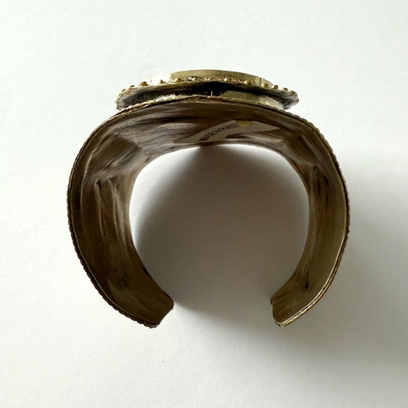 Vintage Handcrafted Laois Lazuli Inlay Gold Tone Tribal Cuff Bracelet - Picture 7 of 9